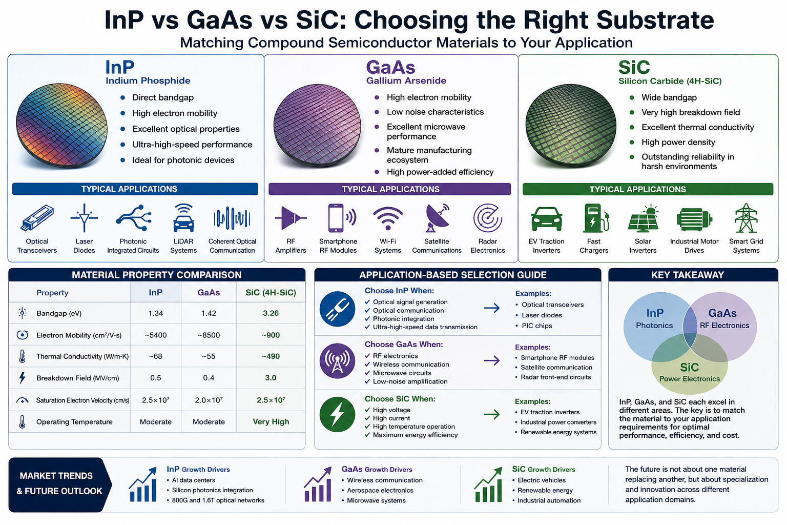 Derniers blogs de l'entreprise sur InP vs GaAs vs SiC : Comment choisir le bon substrat semi-conducteur ?